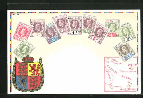 AK Briefmarken und Wappen von den Fiji Inseln, Landkarte