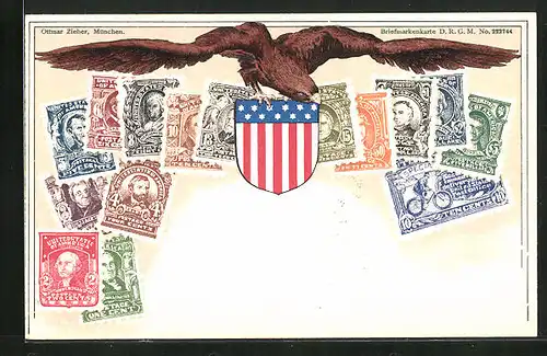 AK Briefmarken und Wappen der U.S.A.