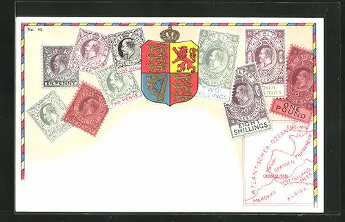 AK Briefmarken Gibraltar, Wappen und Landkarte