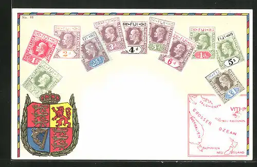 AK Briefmarken Fiji-Inseln, Landkarte und Wappen