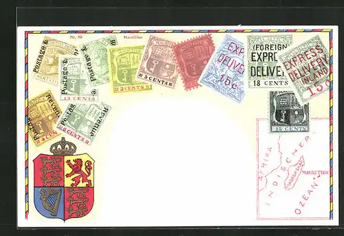 AK Briefmarken Maurituis, Wappen und Landkarte