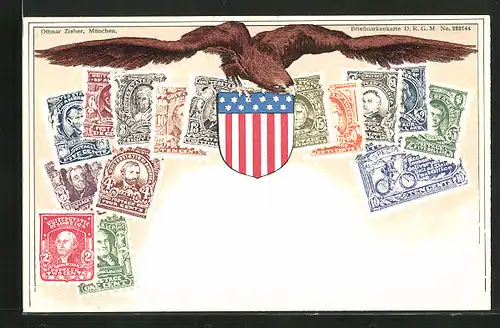 AK Briefmarken der USA, Adler und Wappen