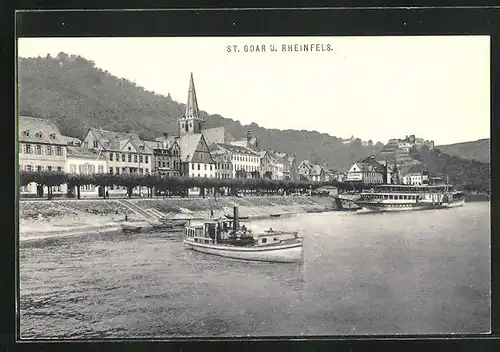 AK St. Goar, Teilansicht mit Rheinfels und Dampfer