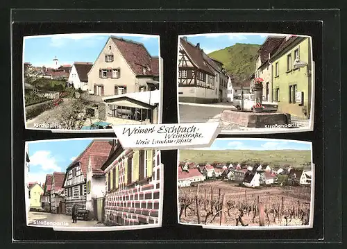 AK Eschbach, Strassenpartie mit Brunnen und Auto, Kirche, Totalansicht