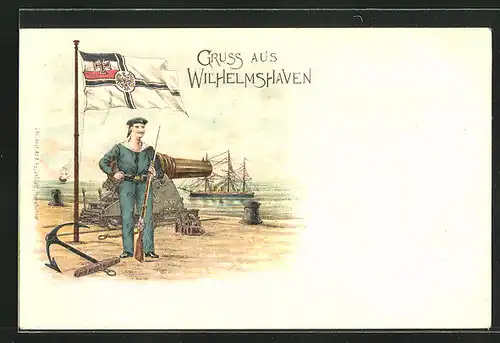 Lithographie Wilhelmshaven, Matrosen mit Reichskriegsflagge, Kanone, Kriegsschiff