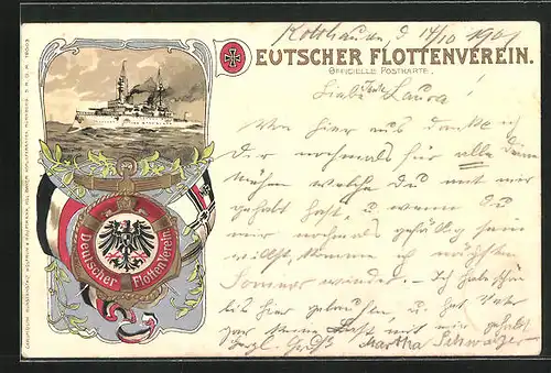 Präge-Lithographie Deutscher Flottenverein, Kriegsschiff in voller Fahrt, Wappen