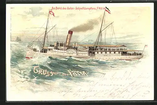 Lithographie Passagierschiff Freia auf hoher See