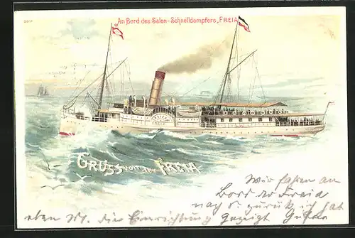 Lithographie Passagierschiff Freia bei Wellengang