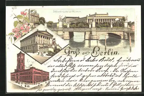 Vorläufer-Lithographie Berlin, 1895, Schlossbrücke und Museum, National-Galerie, Rathaus