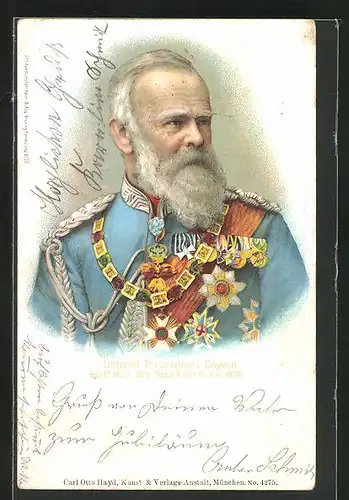 Lithographie Prinzregent Luitpold v. Bayern, Portrait in Uniform mit Orden