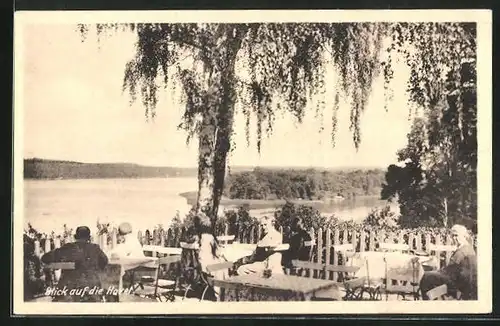 AK Berlin-Wannsee, Gasthaus Blockhaus Nikolskoe, Blick auf die Havel