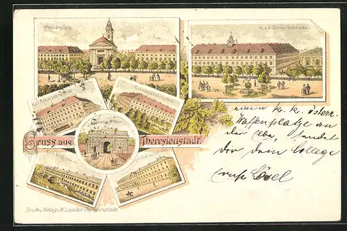 Lithographie Theresienstadt / Terezin, Paradeplatz, K. u. K. Genie-Gebäude, Art.-Zeughaus