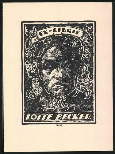 Exlibris Lotte Becker, Kopf umgeben von Engeln