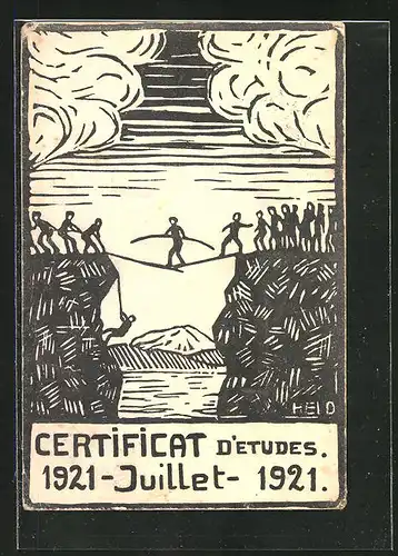 Künstler-AK Neuchatel, Certificat d`Etudes 1921, Schüler überqueren gemeinsam Schlucht