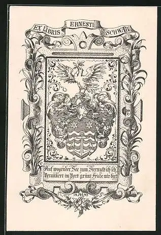 Exlibris Ernesti Schwab, Wappen mit Ritterhelm, Vogel und Anker