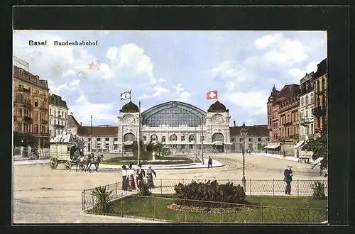 AK Basel, Bundesbahnhof mit Kutsche