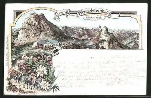 Lithographie Wendelsteinhaus, Gasthaus auf dem Wendelstein, Edelweiss