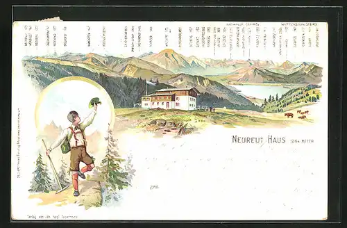 Lithographie Neureut-Haus, Gasthaus mit Bergpanorama