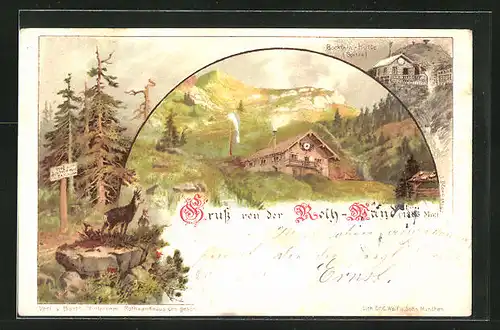 Lithographie Rotwandhaus, Gasthaus Böcklein-Hütte auf dem Gipfel, Gemsen