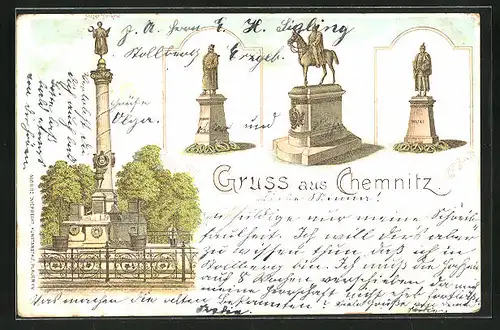 Lithographie Chemnitz, Sieges-Denkmal, Moltke und Bismack Denkmäler