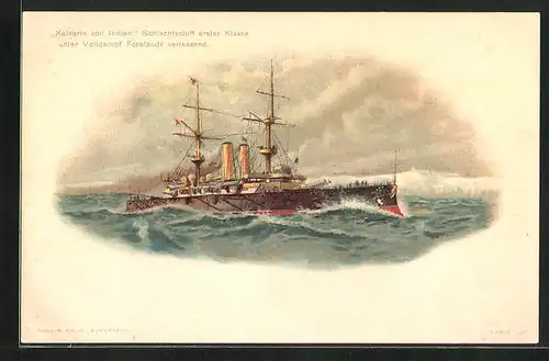 Lithographie Schlachtschiff Kaiserin von Indien unter Volldampf Forelands verlassend