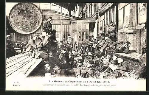 AK Greve des Cheminots de l`Ouest-Etat 1910, Campement improvise dans la salle bagages de la Gare Saint Lazare