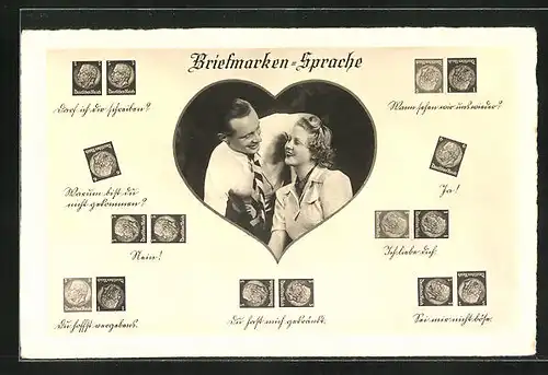 AK Briefmarkensprache: Ja ! & Ich liebe Dich!, Liebespaar im Herz