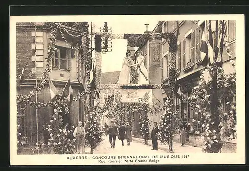 AK Auxerre, Concours International de Musique 1934, Rue Fourrier Porte Franco-Belge