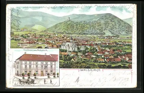 Lithographie Waldkirch, Gasthaus zum Rebstock mit Pferdewagen, Teilansicht