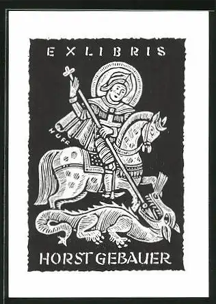 Exlibris Horst Gebauer, heiliger Mann auf seinem Pferd kämpft gegen ein Fabelwesen