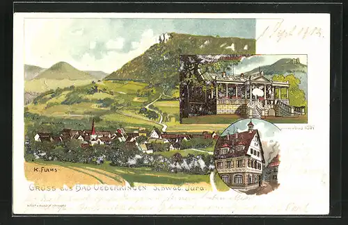 Lithographie Bad Überkingen /Schwäb. Jura, Dianabad, Gebäudeansicht, Teilansicht