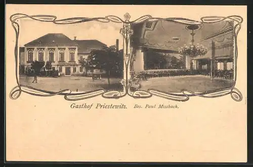 Passepartout-AK Priestewitz, Gasthof Priestewitz, Innen- und Aussenansicht