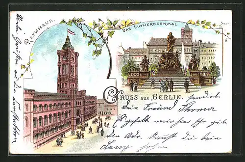 Lithographie Berlin, Rathaus in der Königsstrasse, Lutherdenkmal mit Fontaine