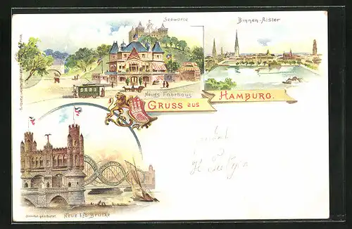 Lithographie Hamburg-St. Pauli, Restaurant Seewarte, Neue Elb-Brücke, Binnenalster