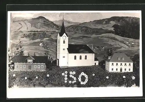 Foto-AK Arnau / Hostinne, Diorama der Kirche und Schule