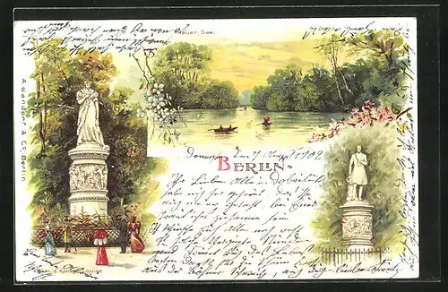 Lithographie Berlin-Tiergarten, Neuer See, Denkmal d. Königin Louise, Denkmal Friedrich Wilhelm III.