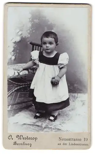 Fotografie O. Westerop, Bernburg, Neuestrasse 19, Portrait kleines Mädchen im Kleid mit Ball in der Hand