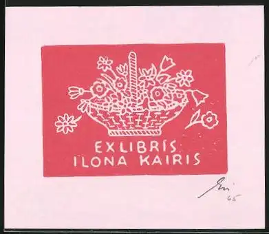 Exlibris von Franz Grickschat für Ilona Kairis, Korb voller Blumen