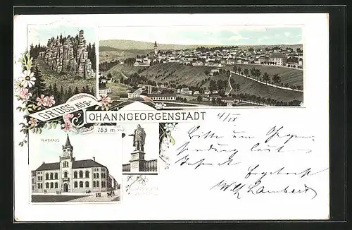 Lithographie Johanngeorgenstadt, Rathaus, Johann Georg Denkmal, Panorama