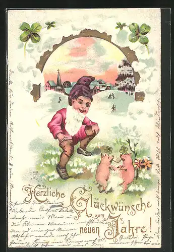 Lithographie Neujahrsgruss, Zwerg tanzt mit Mini-Schweinen