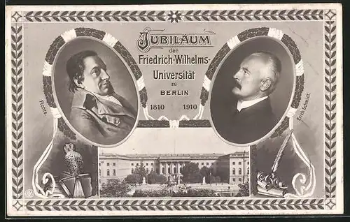 AK Berlin, Jubiläum Friedrich Wilhelm Universtität 1810-1910, Eule, Porträt Fichte und Erich Schmidt