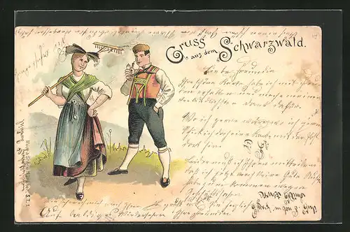 Lithographie Gruss aus dem Schwarzwald, Bauernpaar in Tracht