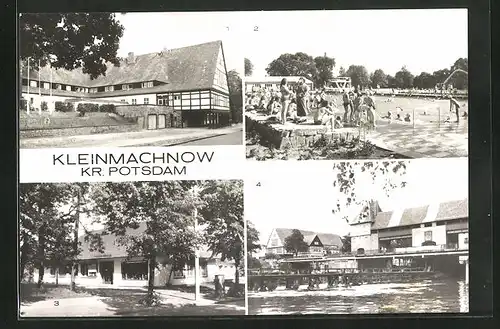 AK Kleinmachnow /Kr. Potsdam, Terrassenrestaurant, Freibad Kiebitzberge, Betriebsberufsschule für Wasserbau