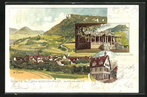 Lithographie Bad Ueberkingen /Schwäb. Jura, Dianabad, Ortsansicht