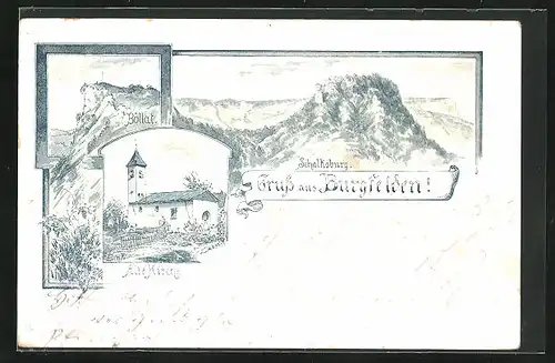 Lithographie Burgfelden, Böllat, Alte Kirche, Schalksburg