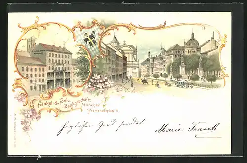 Lithographie München, Bankgeschäft Fränkel & Selz, Promenadeplatz 5, Strassenpartie mit Gebäudeansicht und Pferdebahn