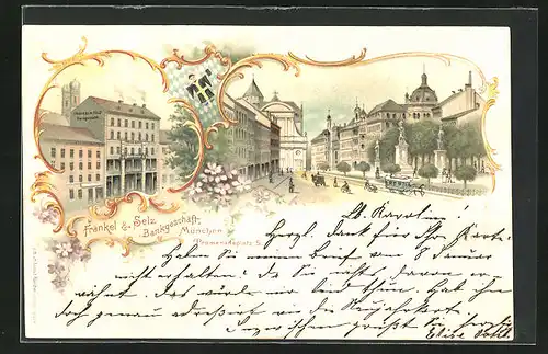 Lithographie München, Bankgeschäft Fränkel & Selz, Promenadeplatz 5, Strassenpartie mit Gebäudeansicht und Pferdebahn