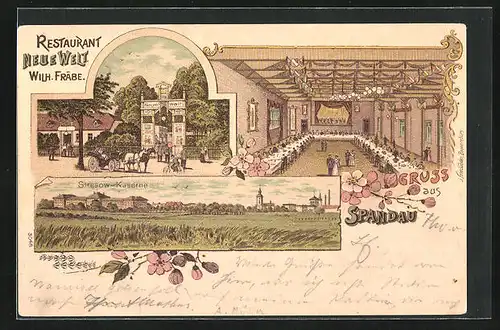 Lithographie Berlin-Spandau, Restaurant Neue Welt, Inh. Wilh. Fräbe, Aussen- und Innenansicht, Stresow-Kaserne