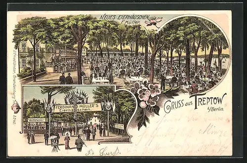 Lithographie Berlin-Treptow, Gasthaus Neues Eierhäuschen, Inh. F. Müller, Garten, Eingang