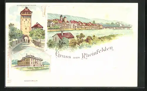 Lithographie Rheinfelden, Teilansicht, Storchennestturm, Sanatorium